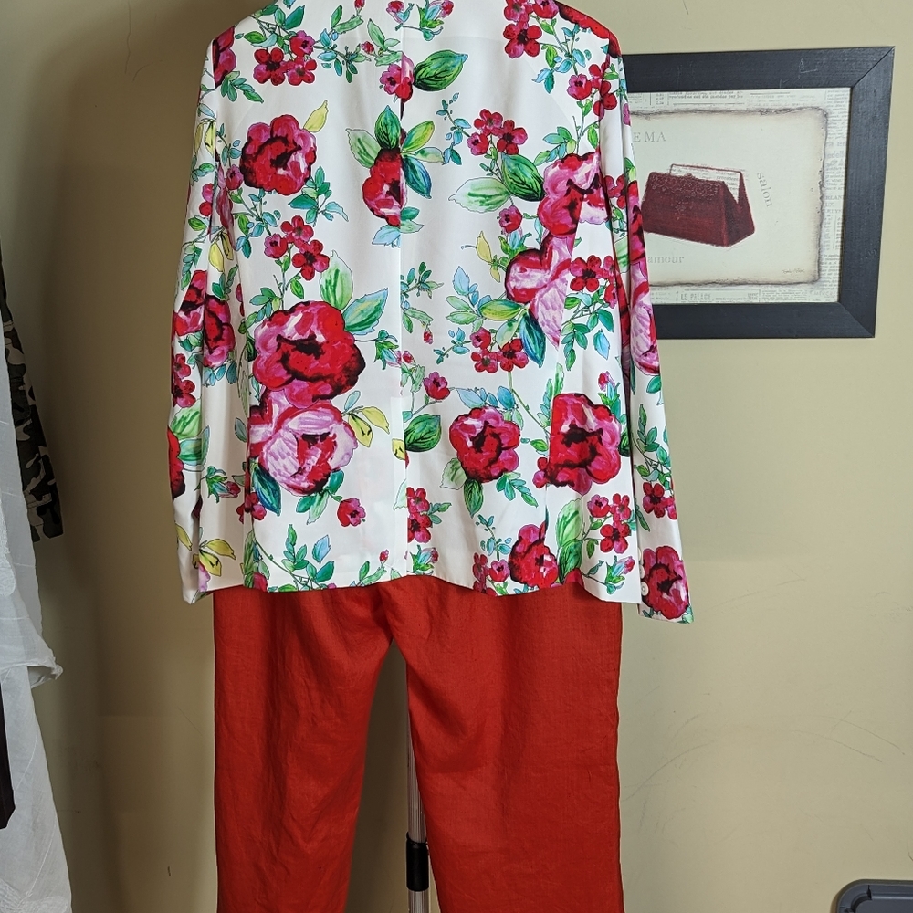 Susan Graver reds & white 1 button blazer sz L & linen like elastic waist pants - Picture 12 of 12